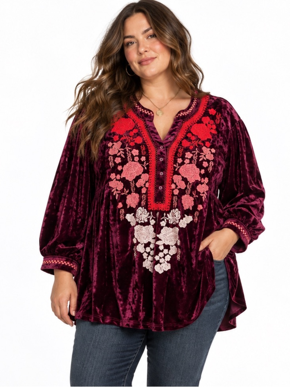 Andree by UNIT Burgundy Velvet Floral Embroidered Tunic Top boho loose soft 3X